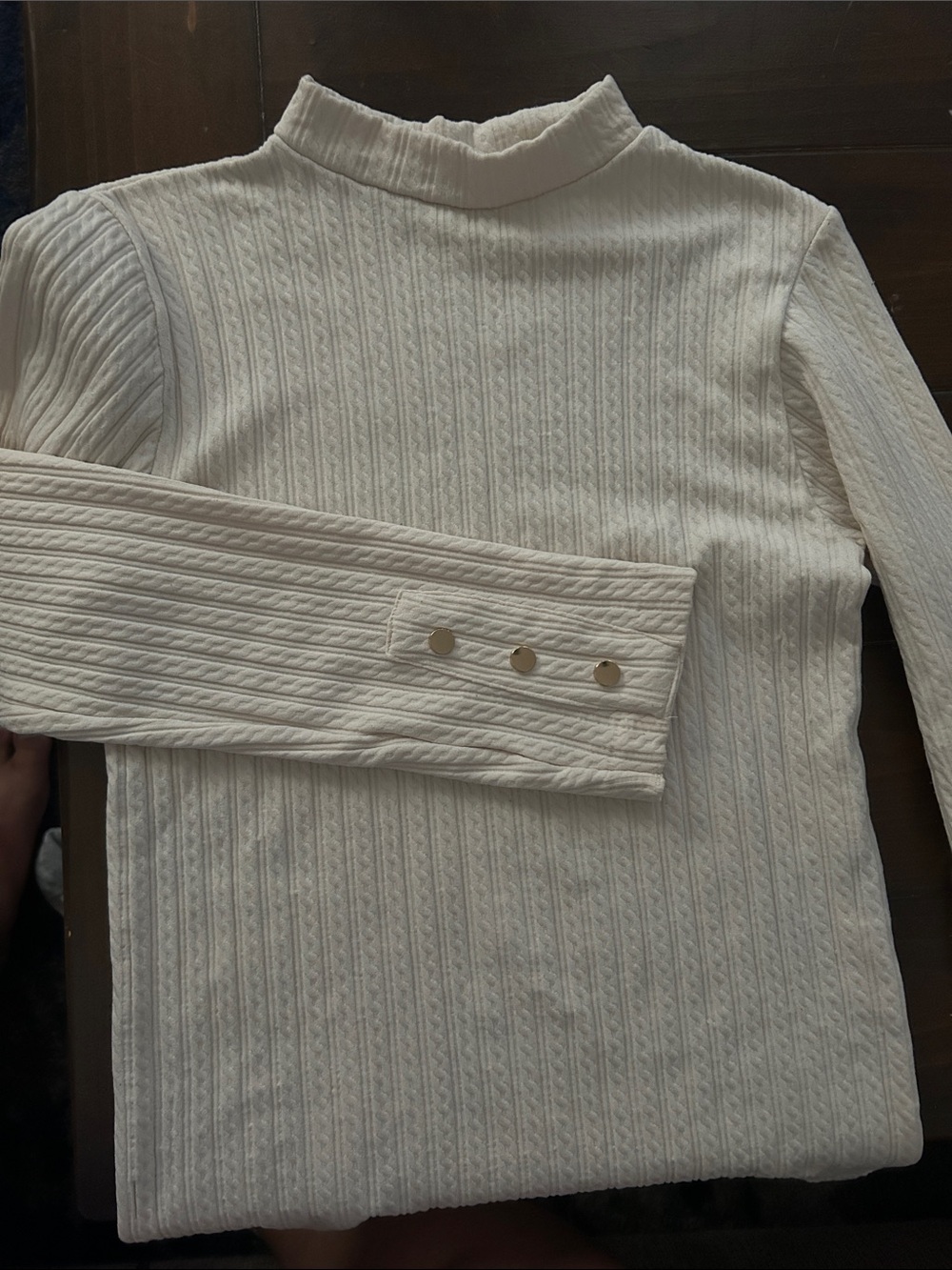 Cream Textured Mock Neck Sweater with Gold Button Cuffs